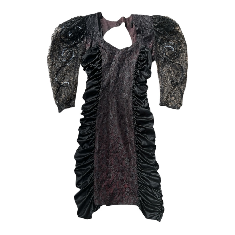 vintage 90s gothic black dress with ruffles and lace sleeves